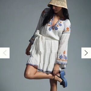 Anthropologie Embroidered White Dress with Blue and Orange Accents Size XS